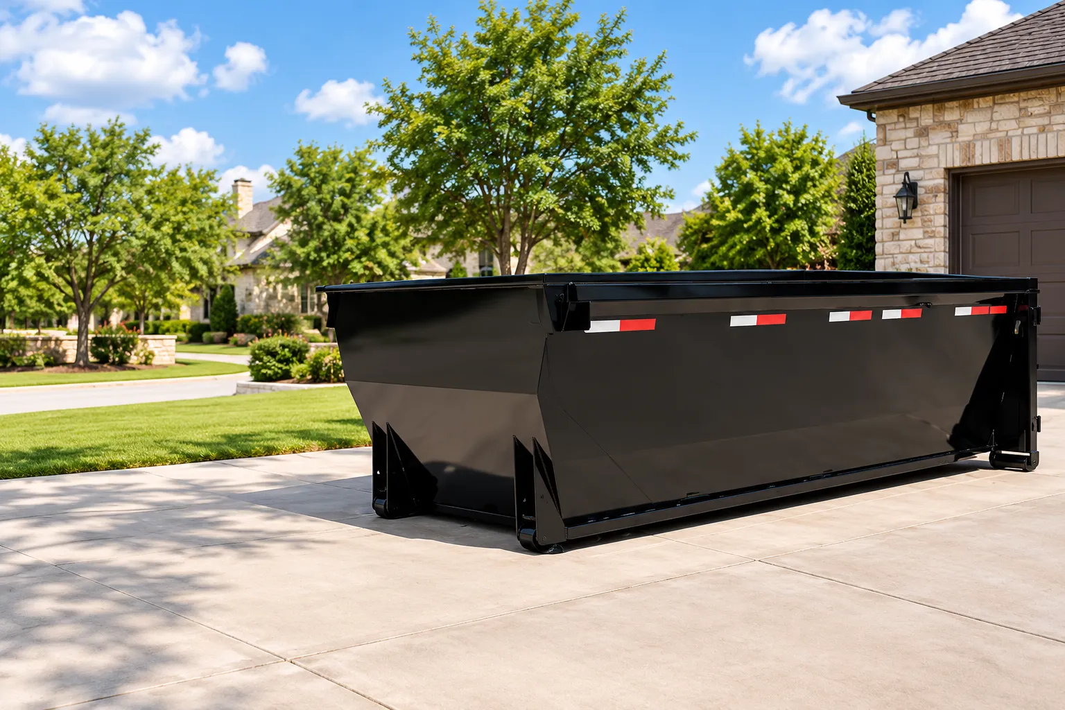 Black roll-off dumpster parked in a residential driveway
